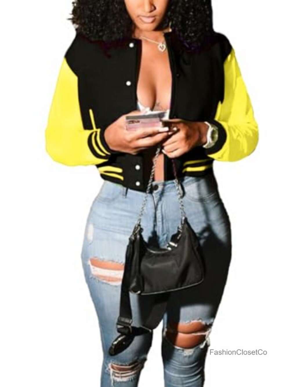 Cropped Bomber Jacket Varsity Snap Button Baseball Coat Streetwear